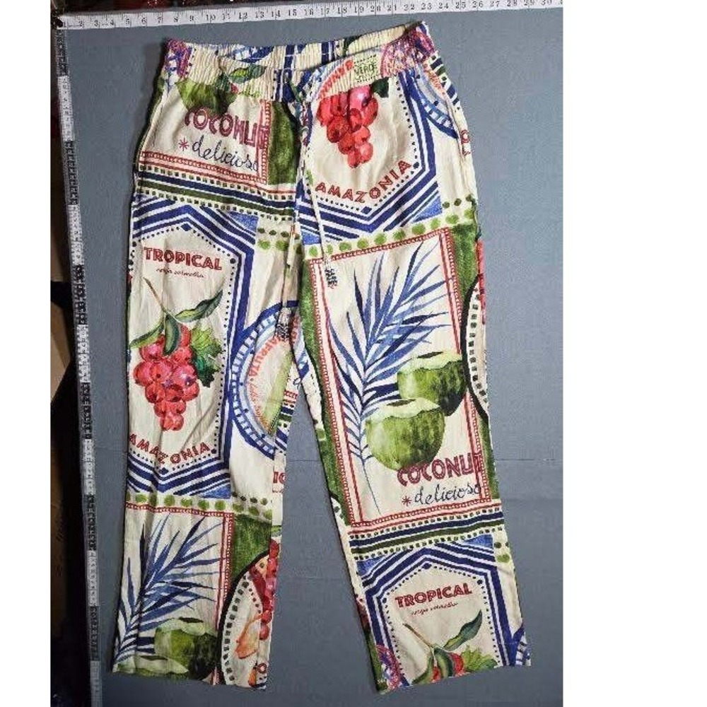 Rachel Zoe Tropical Fruit Print Linen Blend Wide Leg Pants Amazonia Large